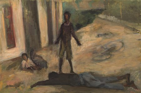 Ernesto Treccani(Milano 1920 - 2009)SCENA PARTIGIANA olio su tela, cm 100x150...