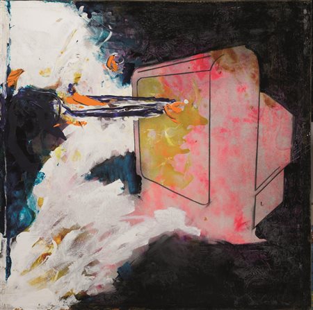 Mario Schifano(Homs 1934 - Roma 1998)GRUNDIG emulsione su tela, cm 110x110sul...