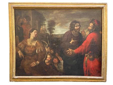 Giovanni Battista Carlone (Genova, 1603 - Parodi Ligure, 1683/84) 
Labano raggiunge Giacobbe in fuga verso Canaan Metà XVII secolo
olio su tela 133 x 172cm