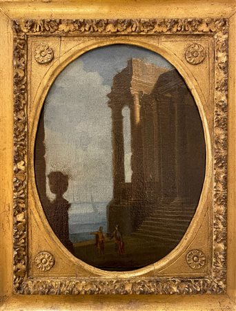 Gennaro Greco (attribuito a) (1663 - 1714) 
Rovina archittetonica con personaggi 
olio su tela 23 x 18cm