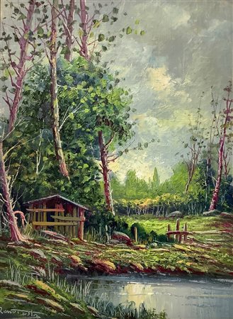 Remo Testa (XX secolo)  - Cascina con alberi sul lago
