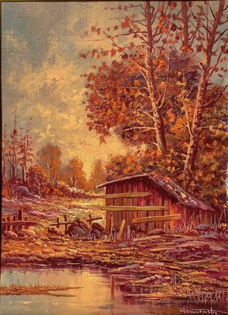 Remo Testa (XX secolo)  - Cascina con alberi sul lago al tramonto, 20° secolo