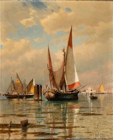 WILLIAM STANLEY HASELTINE (Philadelphia 1835-Roma 1900), Laguna veneziana con barche