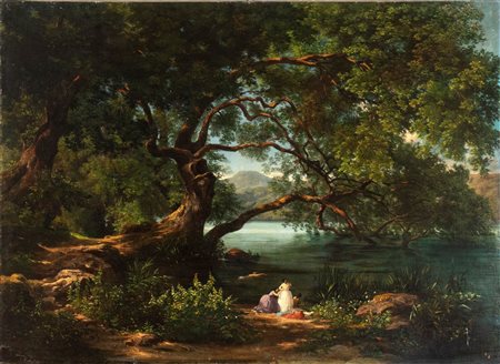 AURELIO AMICI (Roma 1832-1889), Paesaggio con bagnanti