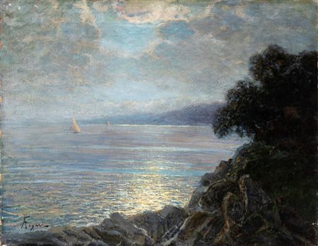 ANDREA FIGARI (Sassari  1858-Genova 1945), Paesaggio marino con barca a vela