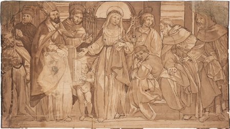 Scuola toscana, secolo XVII - Santa Caterina da Siena tra Santi (recto); Studio di figura virile (verso)