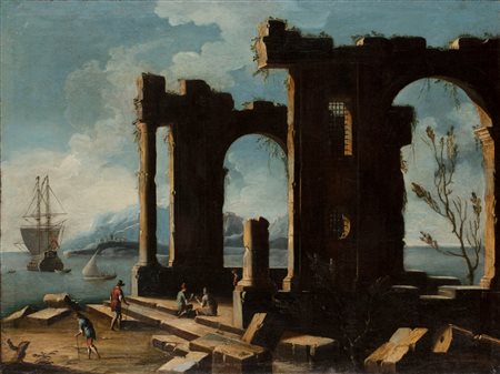 Scuola napoletana, secolo XVIII - Paesaggio costiero con rovine e figure