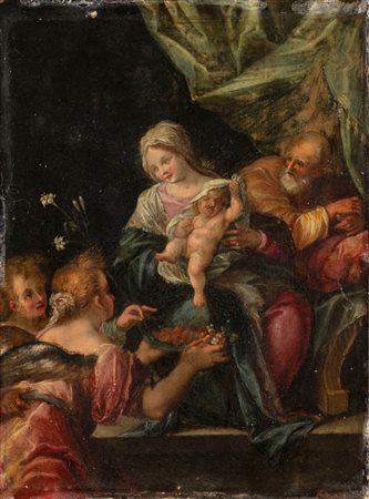 Scuola fiamminga, fine secolo XVI - inizi secolo XVII - Sacra Famiglia con due Angeli