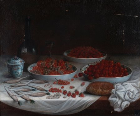 Scuola fiamminga, fine secolo XVII - inizi secolo XVIII - Fragole, ribes, ciliegie e pane su un tavolo