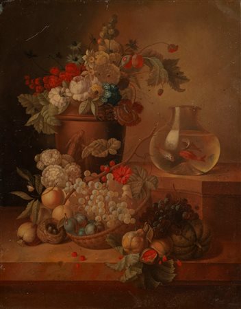 Scuola italiana, nei modi di Abraham Brueghel - Frutta, fiori in un vaso e pesci rossi 