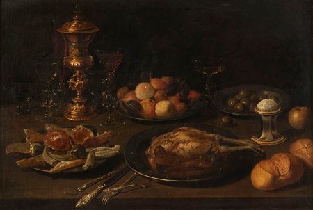 Scuola fiamminga, secolo XVIII - Tavola imbandita con calice in argento, bicchieri e posate