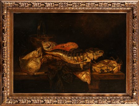 Scuola fiamminga, secolo XVIII - Trionfo di pescato con granchio su un tavolo in un interno
