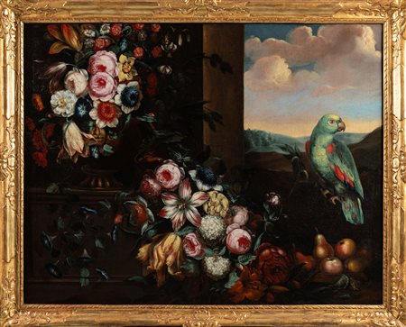 Pittore fiammingo attivo in Italia, secolo XVII - Rose, gigli, campanule e frutta con pappagallo in una loggia