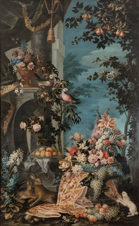 Scuola lombarda, secolo XVIII - Trionfo di fiori e frutta in un giardino all'italiana con coniglietti e pappagalli