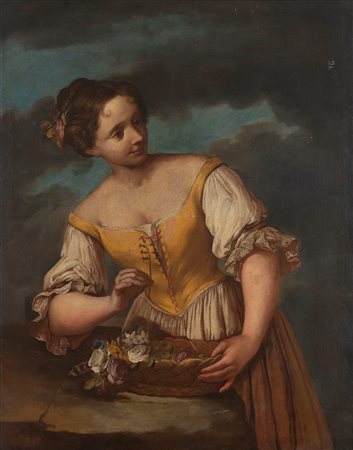Scuola dell'Italia settentrionale, secolo XVIII - Giovane donna con fiori in un cesto di vimini
