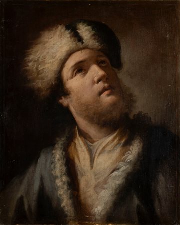 Scuola veneta, secolo XVIII - Giovane uomo a mezzo busto con cappello di pelliccia e marsina azzurra