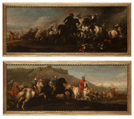Scuola romana, secolo XVII - Due scene di battaglia
