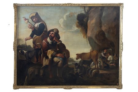 Artista fiammingo attivo in Italia settentrionale, secolo XVII - Paesaggio con pastori in sosta e armenti