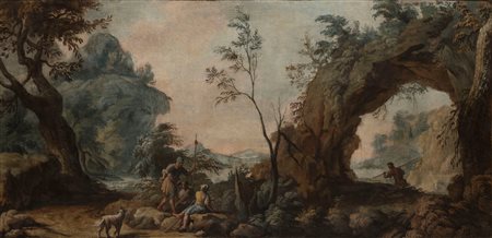 Attribuito a Andrea Locatelli (Roma 1695 - 1741) - Paesaggio laziale con arco naturale e soldato a riposo
