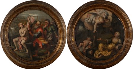 Scuola napoletana, secolo XVIII - Due scene dal Vecchio Testamento: Agar e l'Angelo e Susanna e i Vecchioni