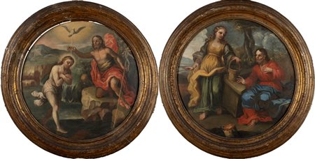 Scuola napoletana, secolo XVIII - Due scene dal Nuovo Testamento: Cristo e la Samaritana al pozzo; e Battesimo di Cristo