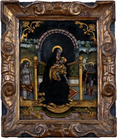 Scuola tedesca, secolo XVI - Madonna con Bambino, San Sebastiano e San Rocco