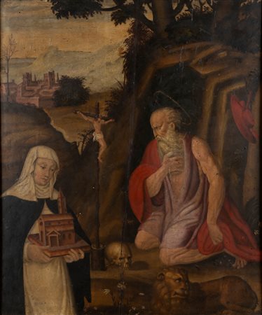 Scuola dell'Italia settentrionale, secolo XVI - San Girolamo penitente e Santa domenicana in un paesaggio