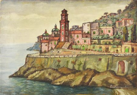 Enrico Allimandi SAN BARTOLOMEO A MARE olio su cartone telato, cm 46x61 firma...