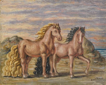 GIORGIO DE CHIRICO 1888 - 1978 CAVALLI IN RIVA AL MARE signed, oil on canvas....