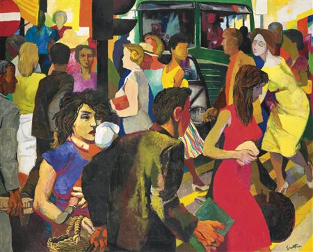RENATO GUTTUSO 1912-1987 LA STRADA signed, oil and newspaper collage on...