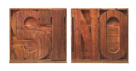 MARIO CEROLI N. 1938 SI+NO signed and dated 64, shaped wood firmato e datato...