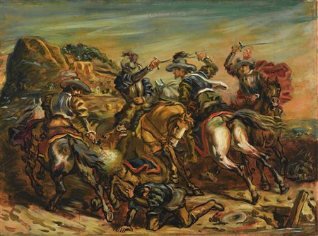 GIORGIO DE CHIRICO 1888 - 1978 COMBATTIMENTO DI CAVALIERI signed, oil on...