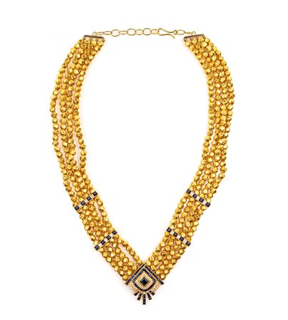 Collana di sfere in oro e centrale in oro zaffiri e brillanti