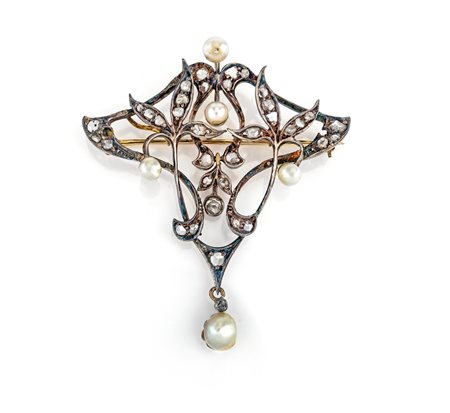 Spilla in oro, argento, diamanti e perle