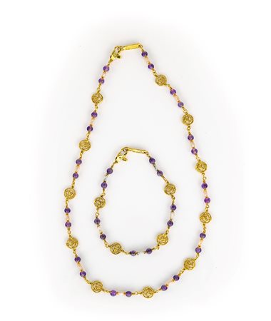 Girocollo e bracciale in oro, ametiste e perle