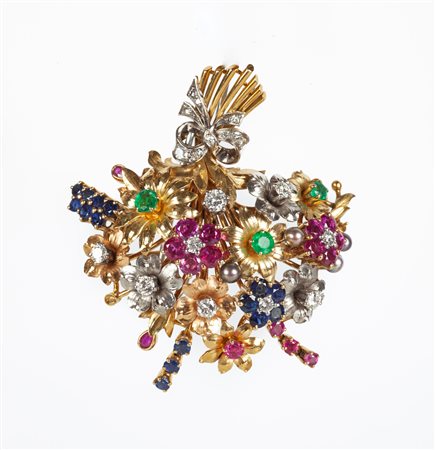 Spilla mazzo di fiori in oro, zaffiri, rubini, smeraldi e brillanti