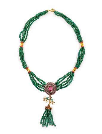 Collana sautoir in oro, argento, smeraldi tormaline e diamanti