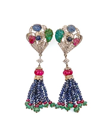 Orecchini in oro, brillanti, pietre preziose, tipo tuttifrutti