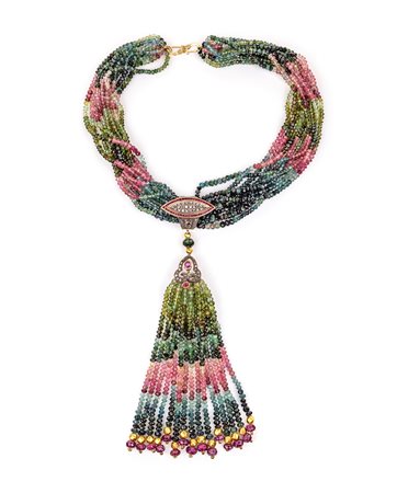 Collana in tormaline multicolor, oro, argento, diamanti e rubini