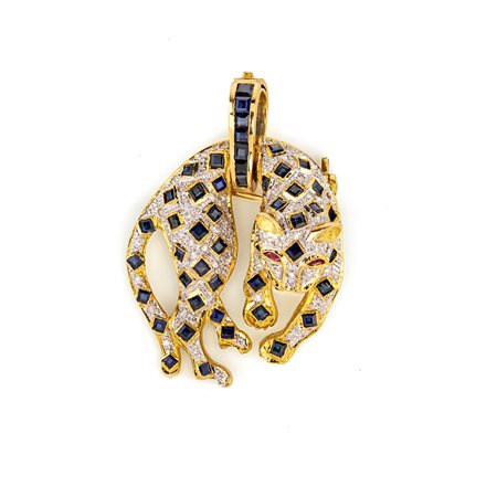 Pendente spilla a pantera in oro brillanti e zaffiri