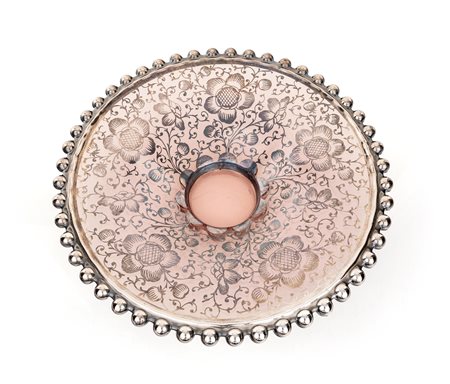 Centrotavola in vetro ametista e argento, produzione vetraria muranese del Novecento