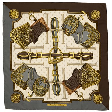 Foulard Hermès vintage "Selles a Housse" in seta disegnato da Christiane...