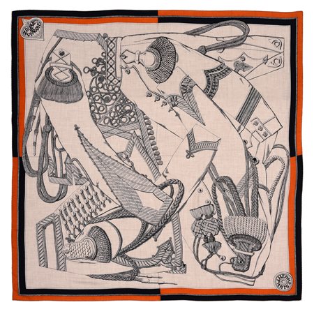 Stola Hermès "Zouaves et Dragons" in cashmere e seta completo di scatola...