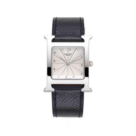 Hermes Heure H, anni 2000. Cassa in acciaio, con cinturino in pelle nera e...