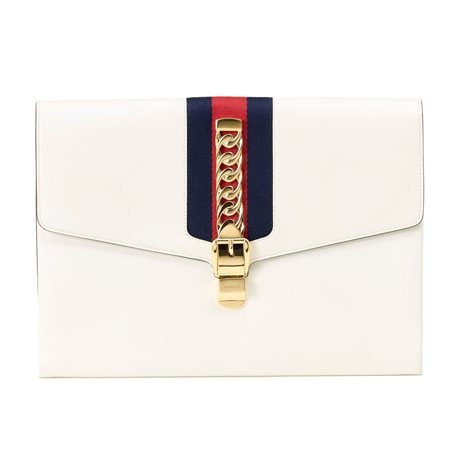 Clutch Gucci Sylvie in pelle liscia bianca con dettaglio web in tessuto blu e...