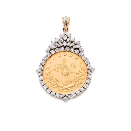 Pendente in oro giallo e bianco 18 Kt con moneta ottomana in oro giallo 22 Kt...