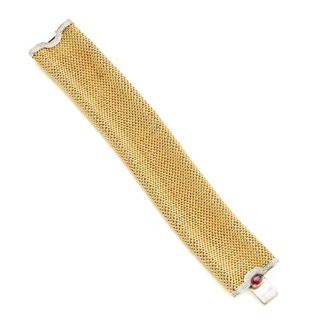 Bracciale a fascia in oro giallo e bianco 18 Kt con rubino cabochon e...