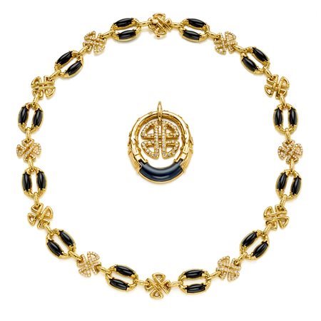 Collana modulare firmata Faraone in oro giallo 18 Kt, onice e diamanti per...