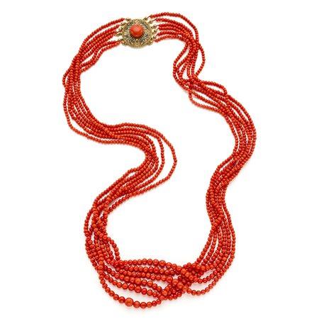 Collana a sei fili di boules di corallo arancione da 3,50 mm a 9,20 mm,...