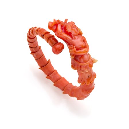 Bracciale rigido in corallo rosa/arancio raffigurante una sirena Diametro...